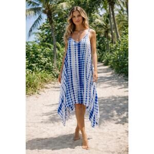Tie Dye Blue White Boho Coastal Beachy Handkerchief Sun Dress Midi Plus Size 3X